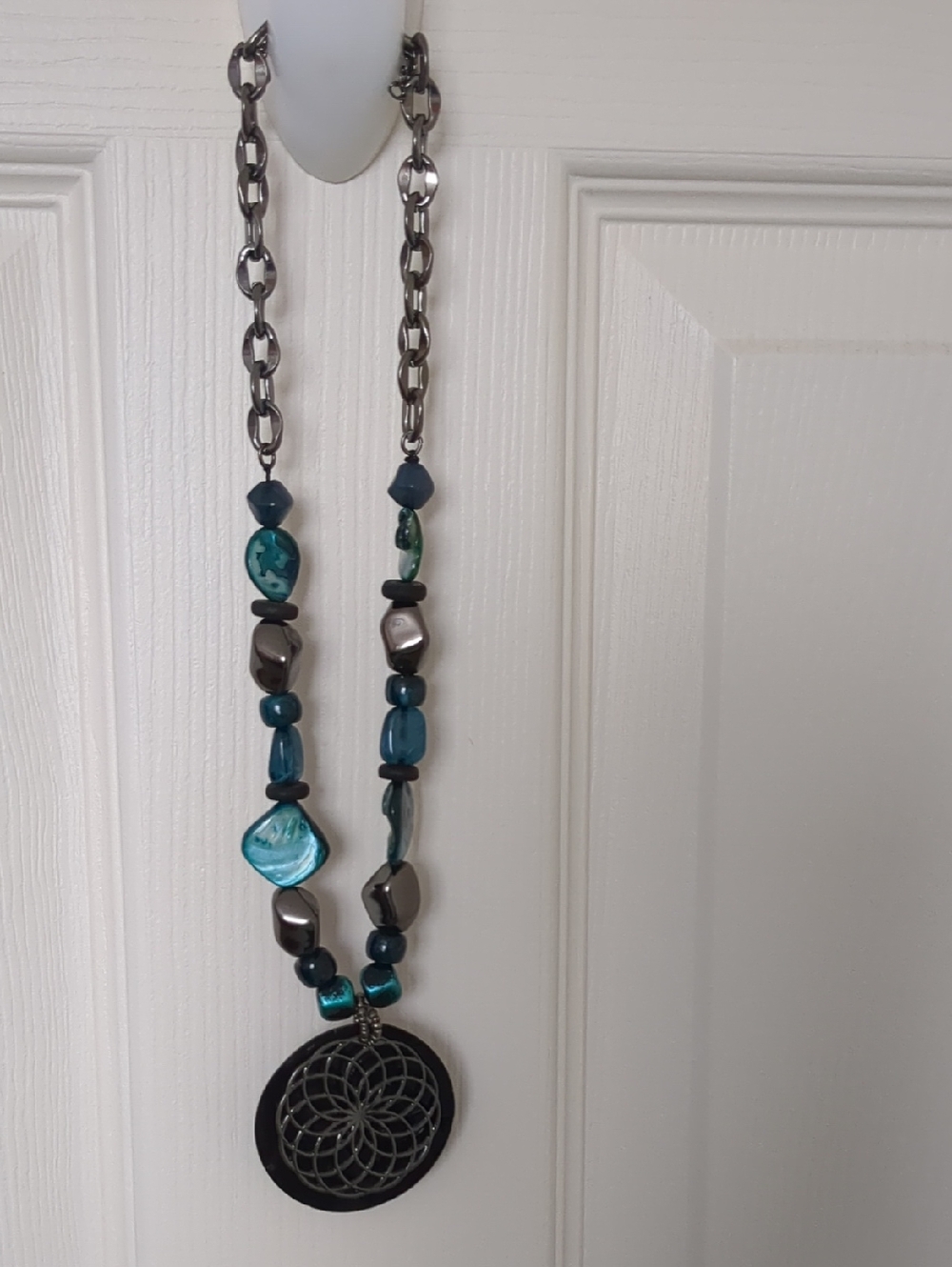 Teal Necklice With Black And Silver Pendant